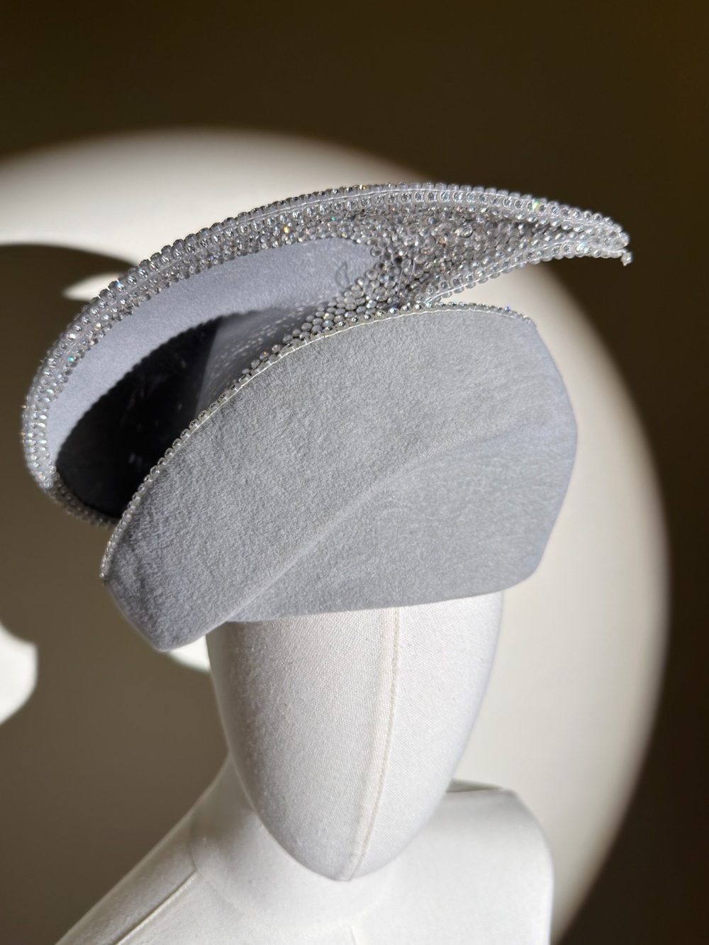Vintage 80s Iconic Jack McConnell Crystal Trimmed Light Grey Felt Sculptural Hat